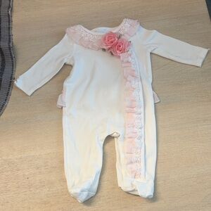 Baby Girls White One-Piece with Pink Ruffle & Flower Detail
